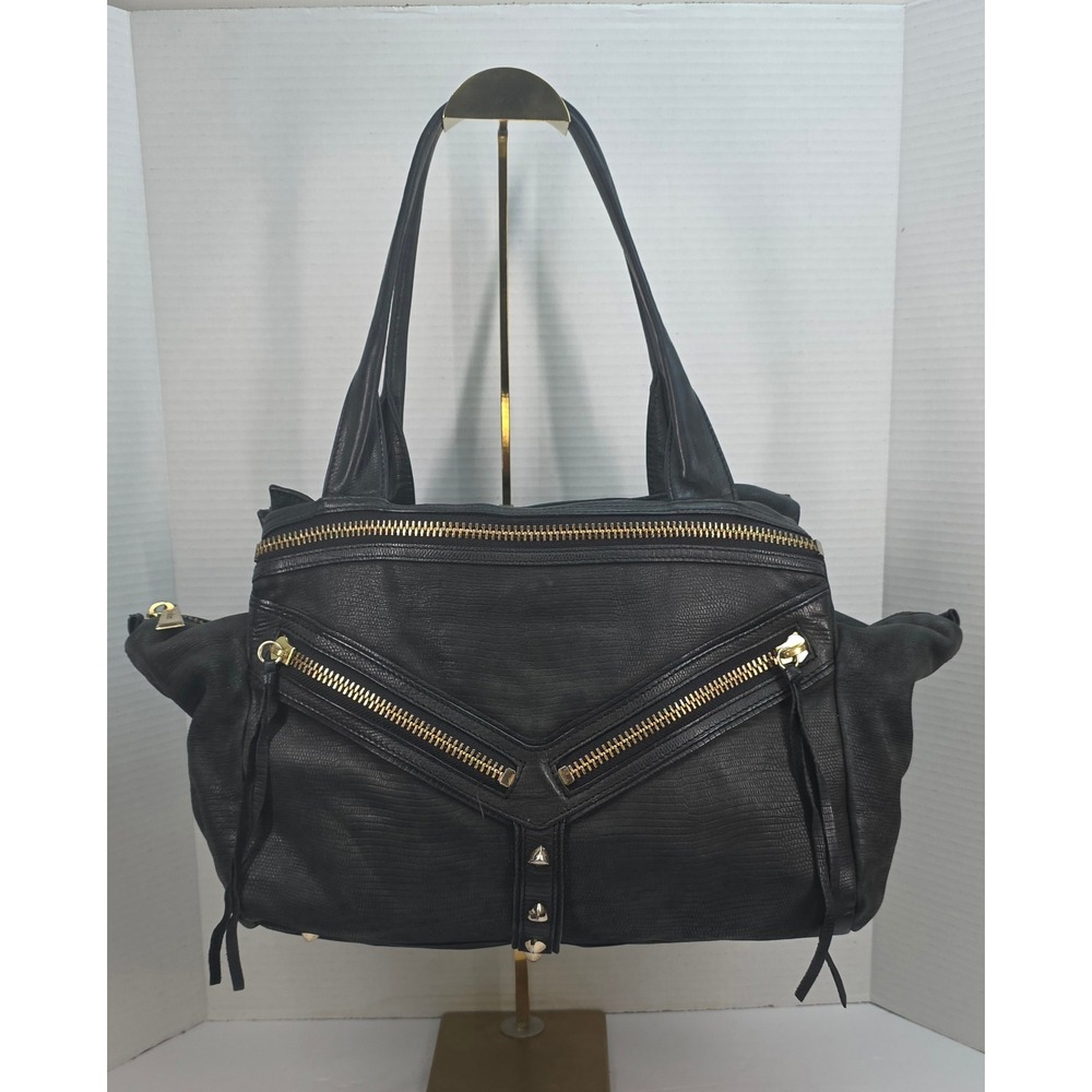 Botkier Trigger Satchel Black Lizard Embossed Leather Gold Zip Studded Handbag